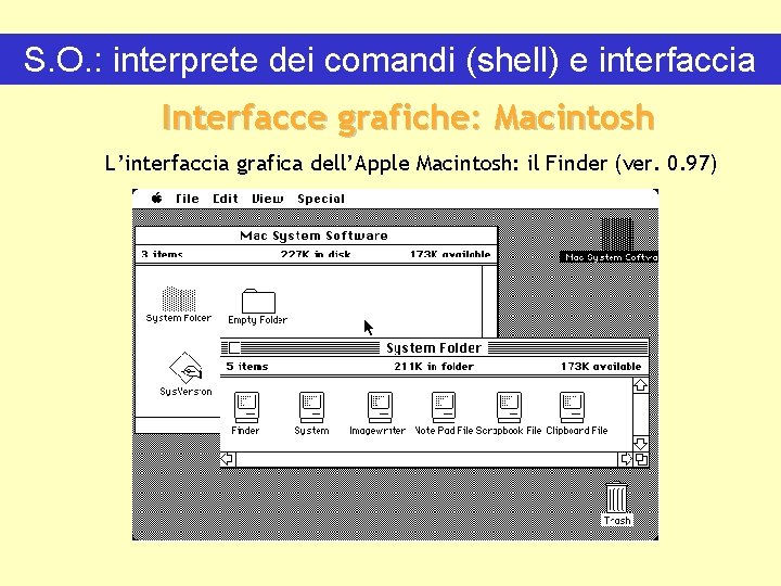 S. O. : interprete dei comandi (shell) e interfaccia Interfacce grafiche: Macintosh L’interfaccia grafica