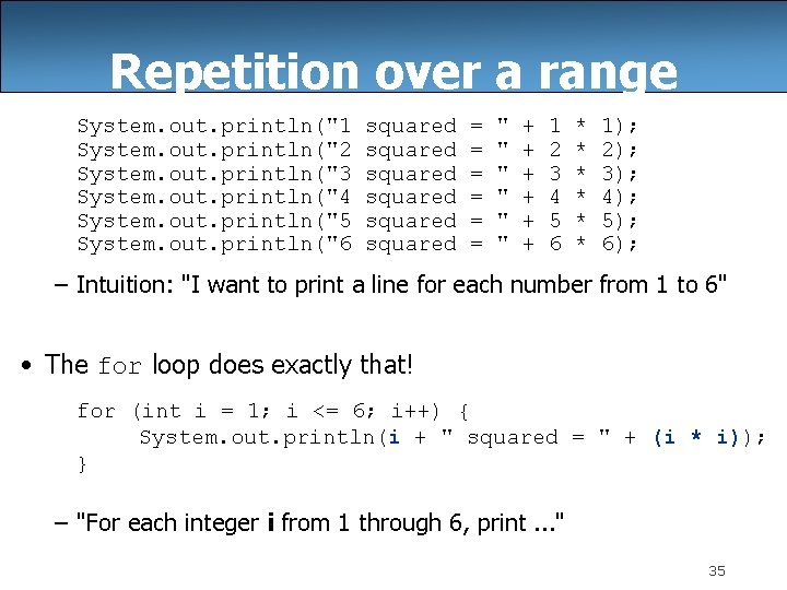 Repetition over a range System. out. println("1 System. out. println("2 System. out. println("3 System.