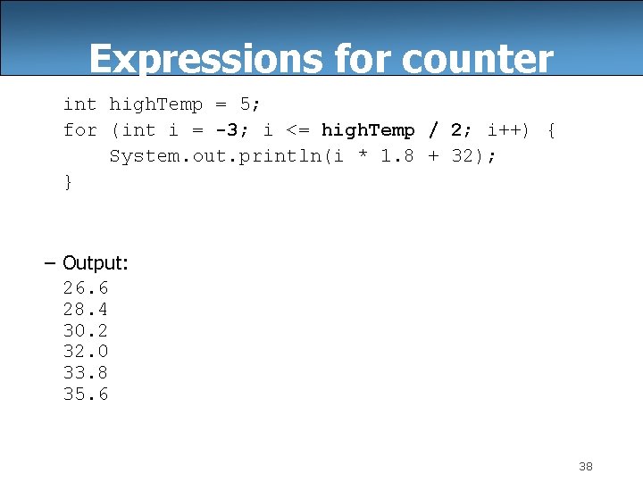 Expressions for counter int high. Temp = 5; for (int i = -3; i