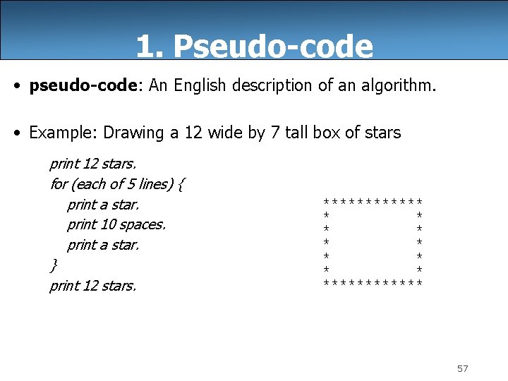 1. Pseudo-code • pseudo-code: An English description of an algorithm. • Example: Drawing a