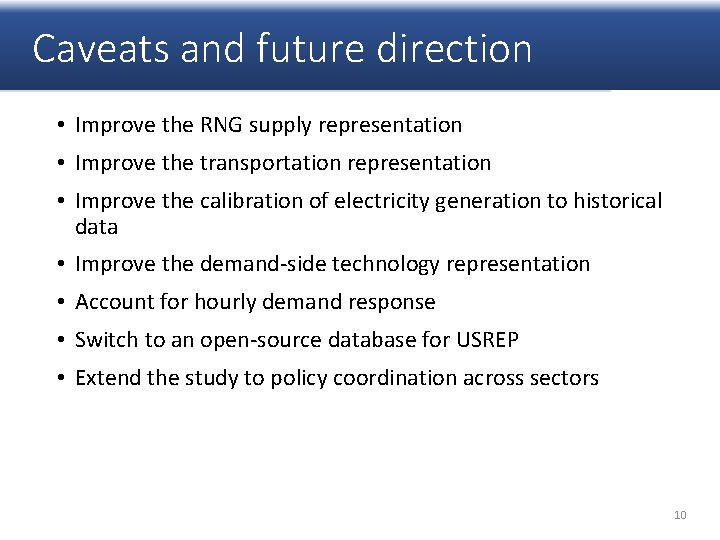 Caveats and future direction • Improve the RNG supply representation • Improve the transportation