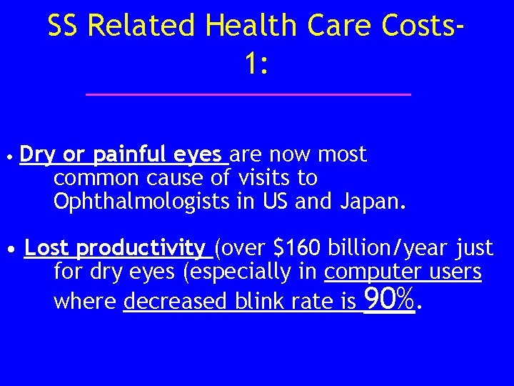 SS Related Health Care Costs 1: • Dry or painful eyes are now most