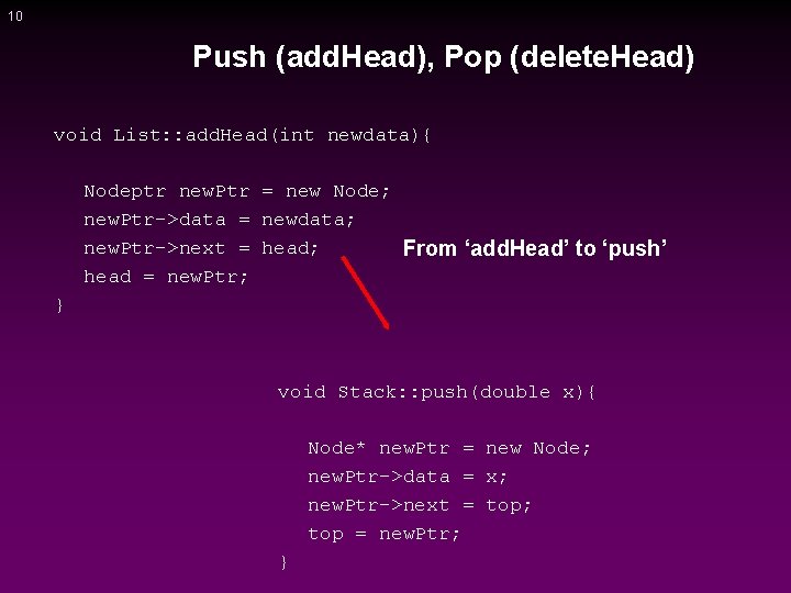 10 Push (add. Head), Pop (delete. Head) void List: : add. Head(int newdata){ Nodeptr