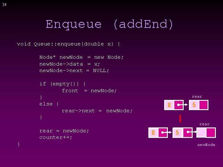 34 Enqueue (add. End) void Queue: : enqueue(double x) { Node* new. Node =