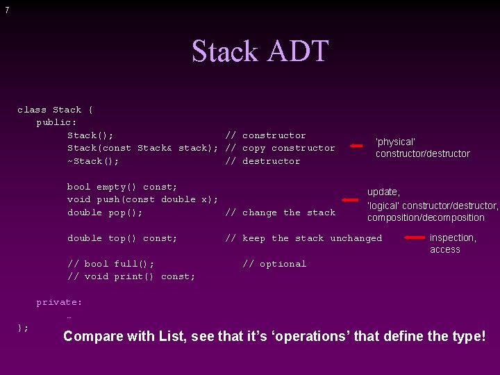 7 Stack ADT class Stack { public: Stack(); // constructor Stack(const Stack& stack); //