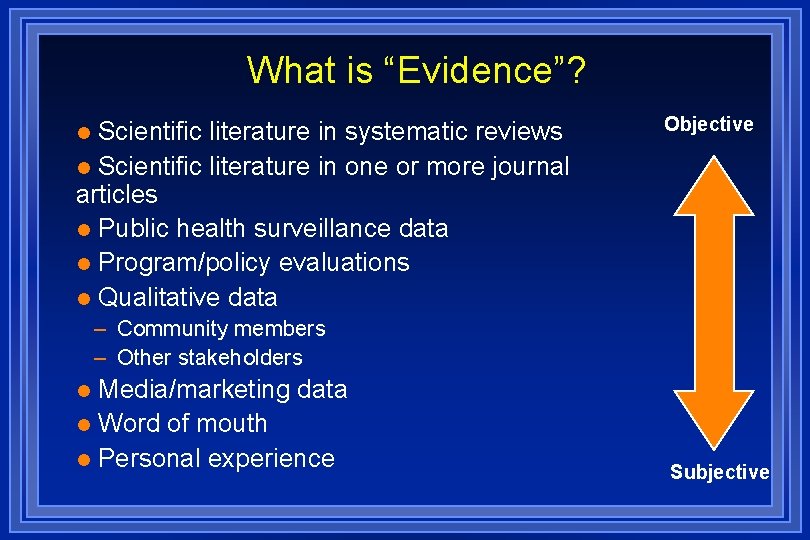 What is “Evidence”? Scientific literature in systematic reviews l Scientific literature in one or