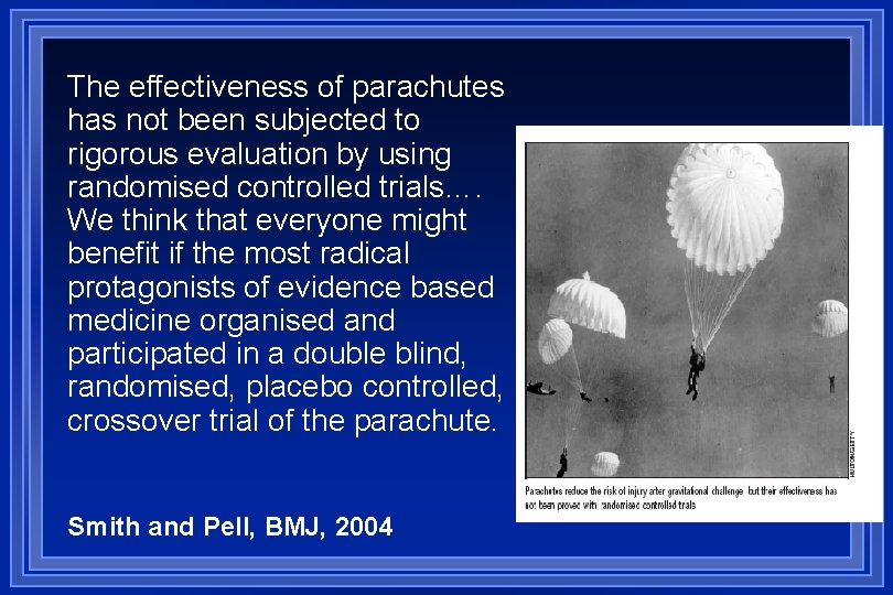 The effectiveness of parachutes has not been subjected to rigorous evaluation by using randomised