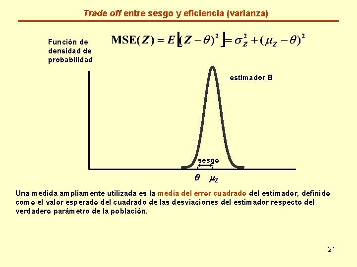 Trade off entre sesgo y eficiencia (varianza) Función de densidad de probabilidad estimador B