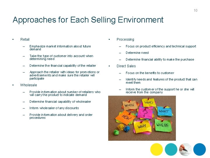 10 Approaches for Each Selling Environment • • Retail – Emphasize market information about