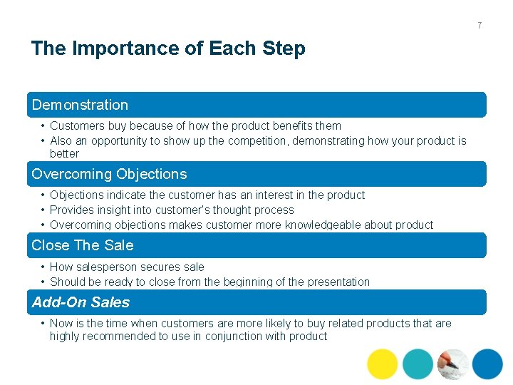 7 The Importance of Each Step Demonstration • Customers buy because of how the