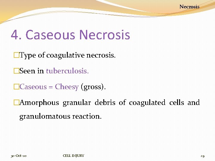 Necrosis 4. Caseous Necrosis �Type of coagulative necrosis. �Seen in tuberculosis. �Caseous = Cheesy