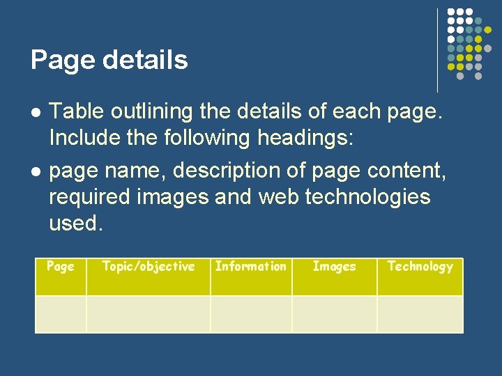 Page details l l Table outlining the details of each page. Include the following