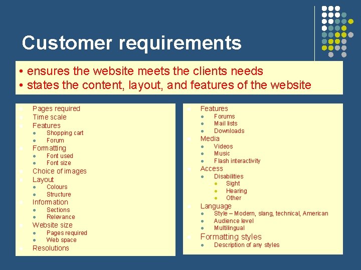 Customer requirements • ensures the website meets the clients needs • states the content,