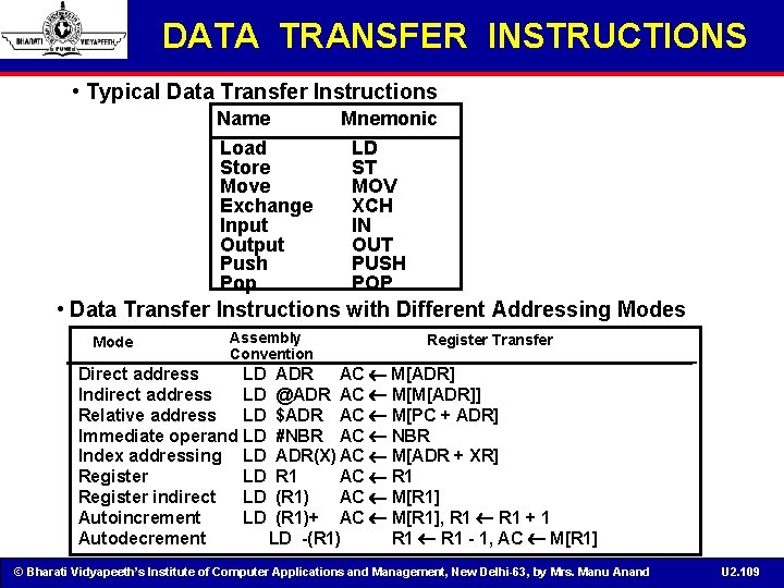 DATA TRANSFER INSTRUCTIONS • Typical Data Transfer Instructions Name Load Store Move Exchange Input