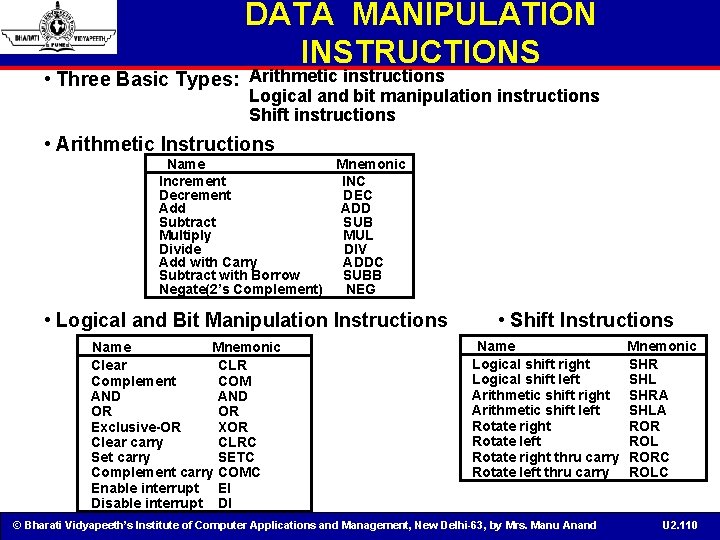 DATA MANIPULATION INSTRUCTIONS • Three Basic Types: Arithmetic instructions Logical and bit manipulation instructions