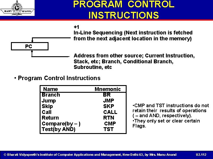 PROGRAM CONTROL INSTRUCTIONS +1 In-Line Sequencing (Next instruction is fetched from the next adjacent