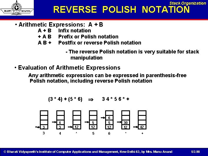 Stack Organization REVERSE POLISH NOTATION • Arithmetic Expressions: A + B A+B +AB AB+
