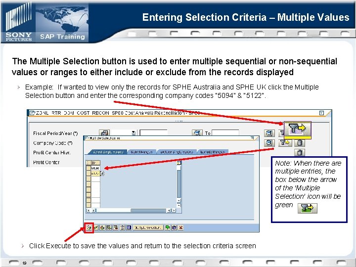 Entering Selection Criteria – Multiple Values The Multiple Selection button is used to enter