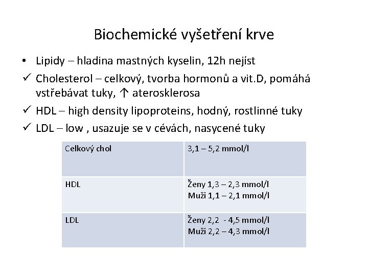 Biochemické vyšetření krve • Lipidy – hladina mastných kyselin, 12 h nejíst ü Cholesterol