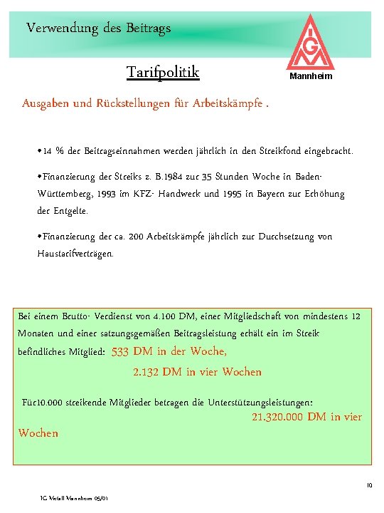 Verwendung des Beitrags Tarifpolitik Mannheim Ausgaben und Rückstellungen für Arbeitskämpfe. • 14 % der