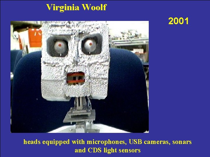 Virginia Woolf 2001 heads equipped with microphones, USB cameras, sonars and CDS light sensors