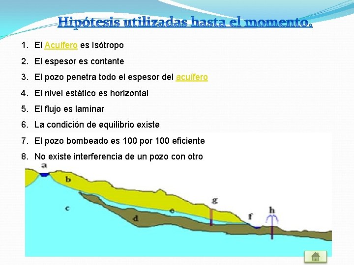 1. El Acuífero es Isótropo 2. El espesor es contante 3. El pozo penetra