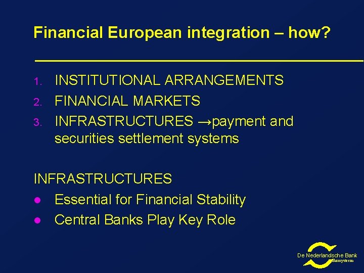 Financial European integration – how? 1. 2. 3. INSTITUTIONAL ARRANGEMENTS FINANCIAL MARKETS INFRASTRUCTURES →payment