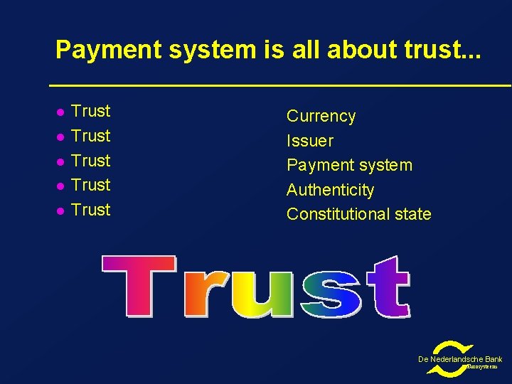 Payment system is all about trust. . . l l l Trust Trust Currency