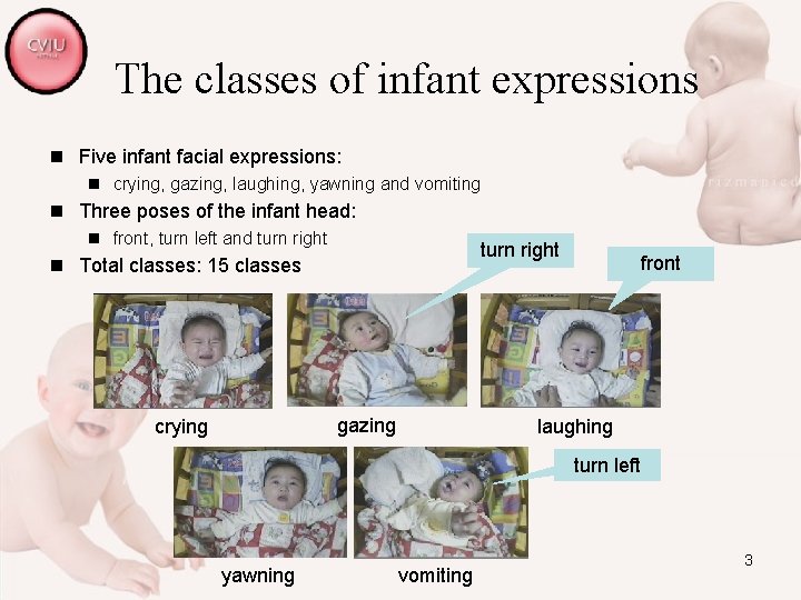 The classes of infant expressions n Five infant facial expressions: n crying, gazing, laughing,