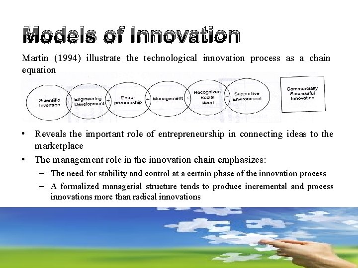 Models of Innovation Martin (1994) illustrate the technological innovation process as a chain equation