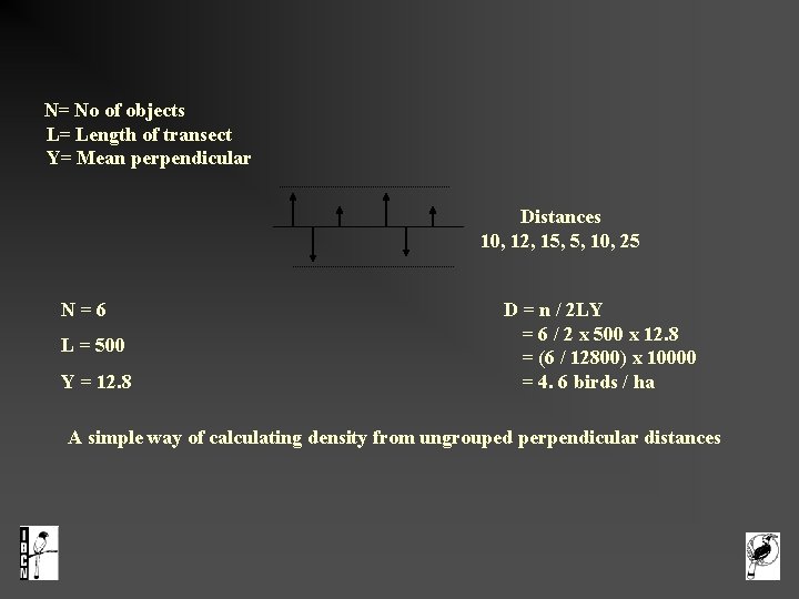 N= No of objects L= Length of transect Y= Mean perpendicular Distances 10, 12,