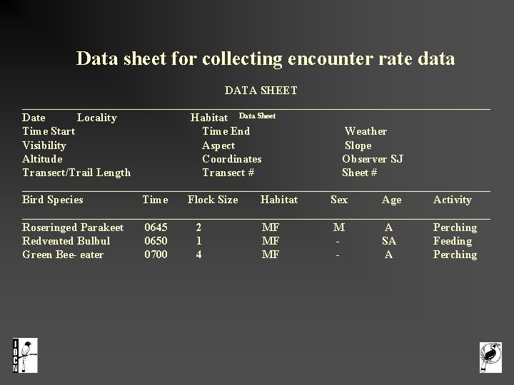  Data sheet for collecting encounter rate data DATA SHEET _________________________________________ Date Locality Habitat