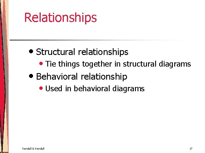 Relationships • Structural relationships • Tie things together in structural diagrams • Behavioral relationship