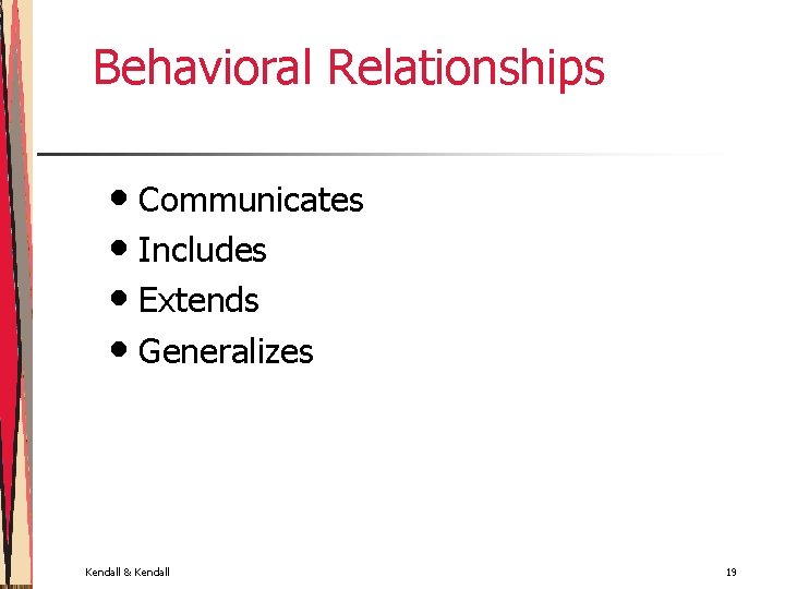 Behavioral Relationships • Communicates • Includes • Extends • Generalizes Kendall & Kendall 19