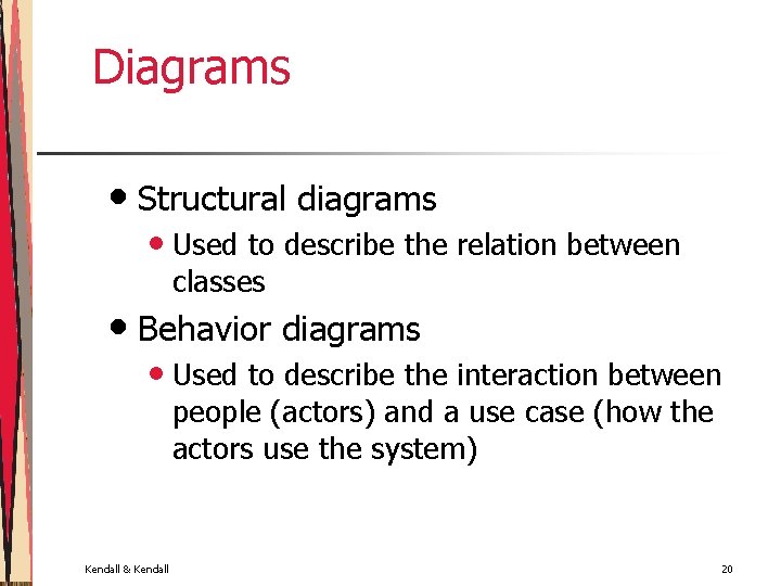 Diagrams • Structural diagrams • Used to describe the relation between classes • Behavior