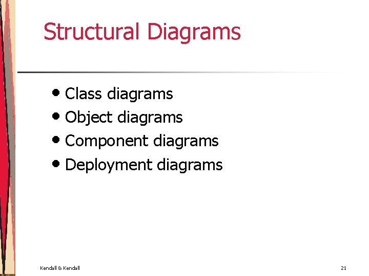Structural Diagrams • Class diagrams • Object diagrams • Component diagrams • Deployment diagrams