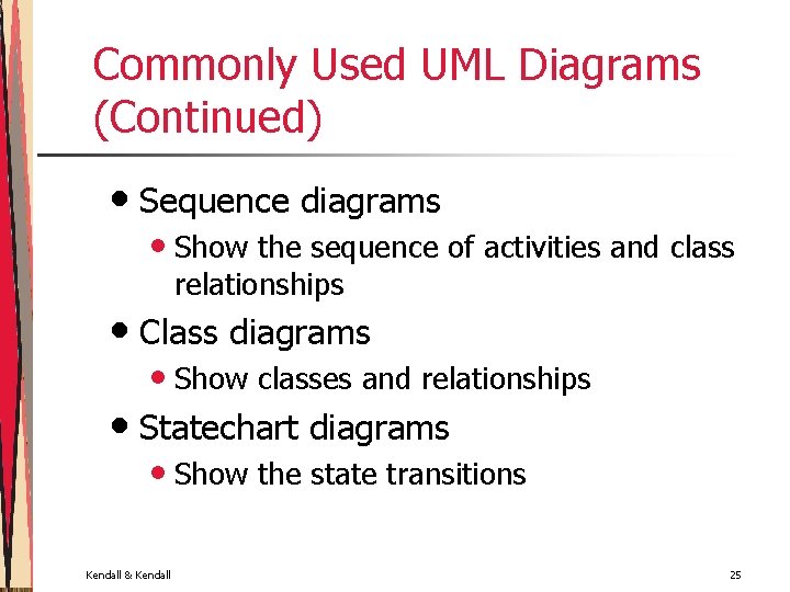 Commonly Used UML Diagrams (Continued) • Sequence diagrams • Show the sequence of activities