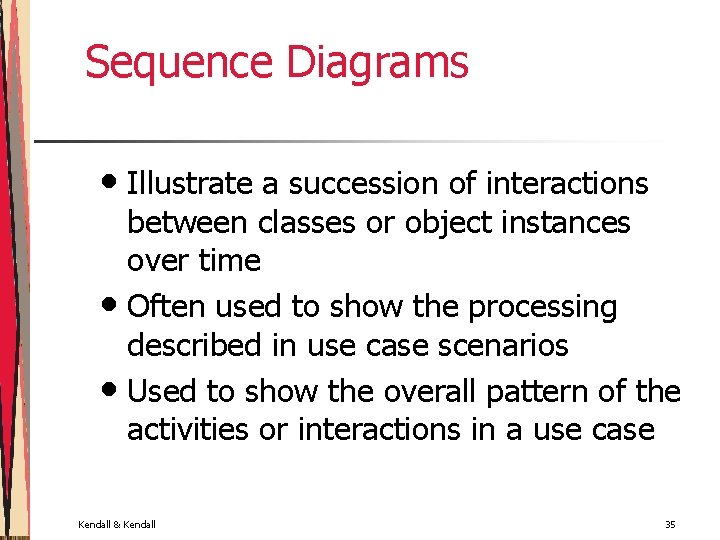 Sequence Diagrams • Illustrate a succession of interactions between classes or object instances over