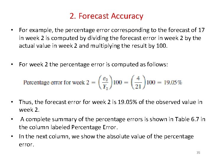2. Forecast Accuracy • For example, the percentage error corresponding to the forecast of