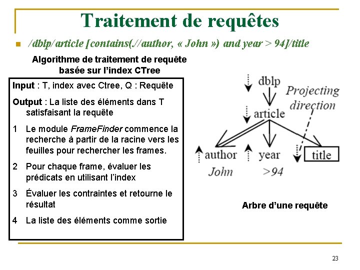 Traitement de requêtes n /dblp/article [contains(. //author, « John » ) and year >