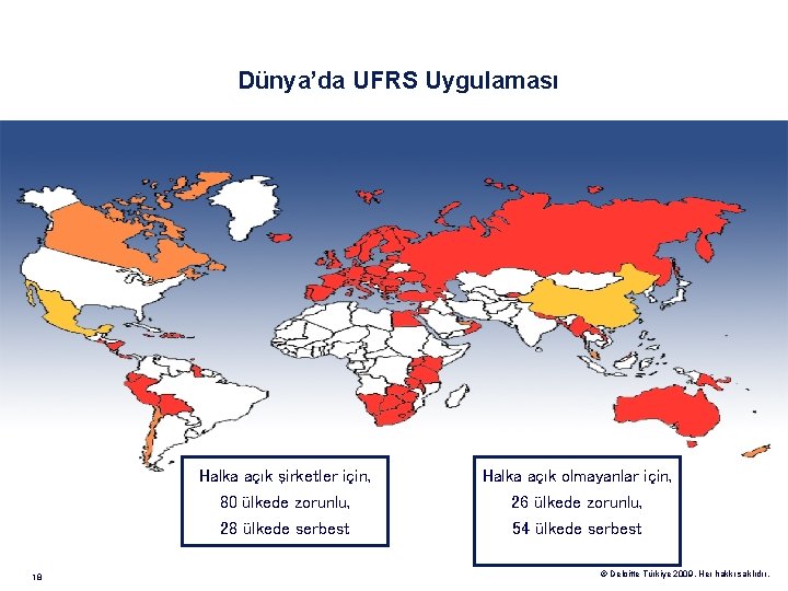 Dünya’da UFRS Uygulaması Halka açık şirketler için, 80 ülkede zorunlu, 28 ülkede serbest 18