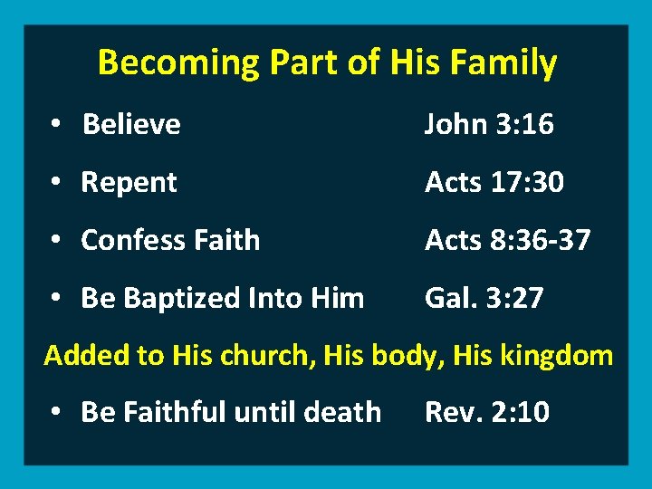 Becoming Part of His Family • Believe John 3: 16 • Repent Acts 17: