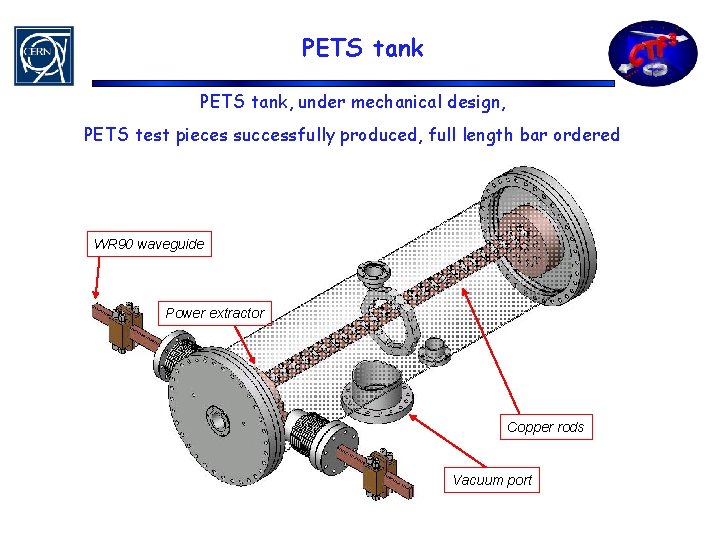 PETS tank, under mechanical design, PETS test pieces successfully produced, full length bar ordered