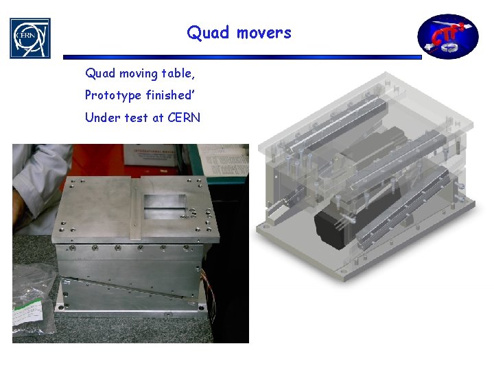 Quad movers Quad moving table, Prototype finished’ Under test at CERN 