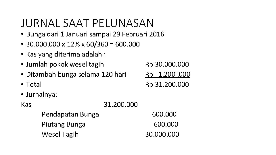 JURNAL SAAT PELUNASAN • Bunga dari 1 Januari sampai 29 Februari 2016 • 30.