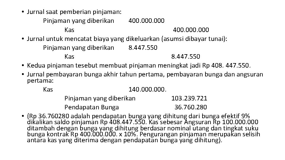  • Jurnal saat pemberian pinjaman: Pinjaman yang diberikan 400. 000 Kas 400. 000