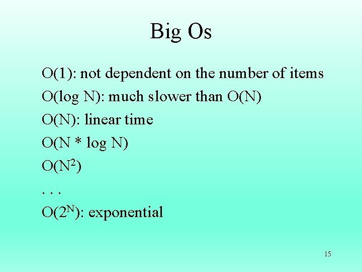 Big Os O(1): not dependent on the number of items O(log N): much slower