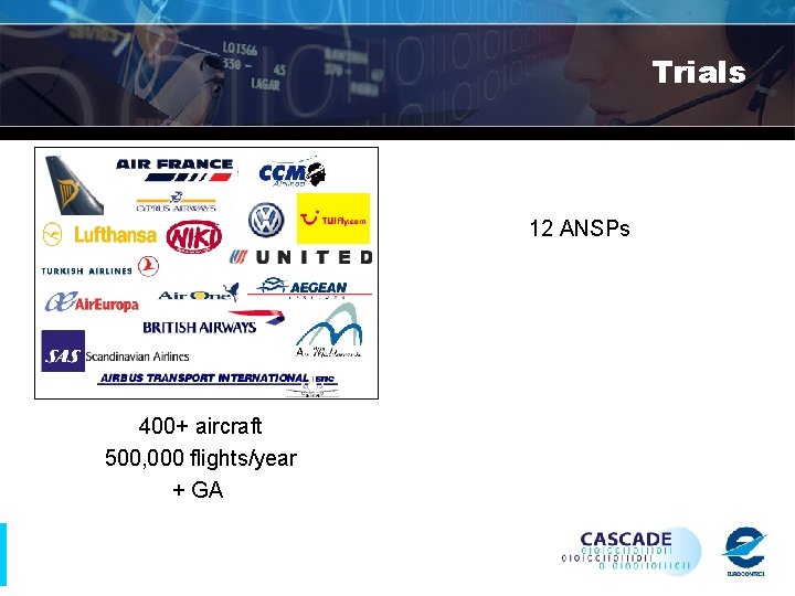 Trials 12 ANSPs 400+ aircraft 500, 000 flights/year + GA 