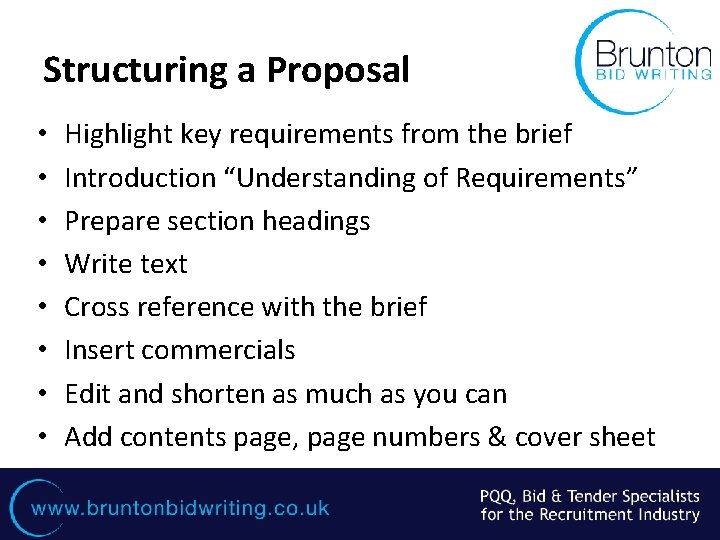 Structuring a Proposal • • Highlight key requirements from the brief Introduction “Understanding of