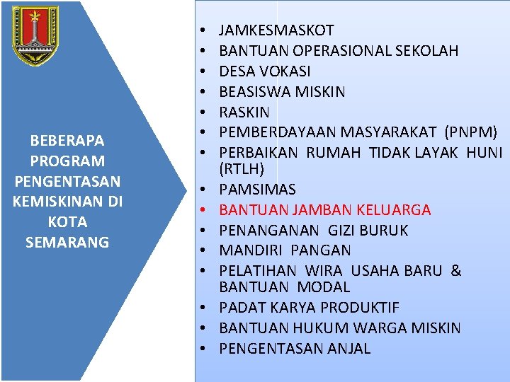  BEBERAPA PROGRAM PENGENTASAN KEMISKINAN DI KOTA SEMARANG • • • • JAMKESMASKOT BANTUAN